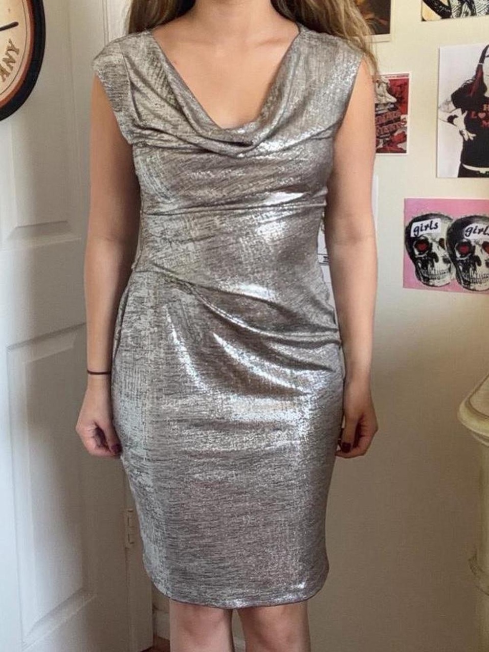 connected apparel Silver Metallic Cowl-Neck Sheath Dress